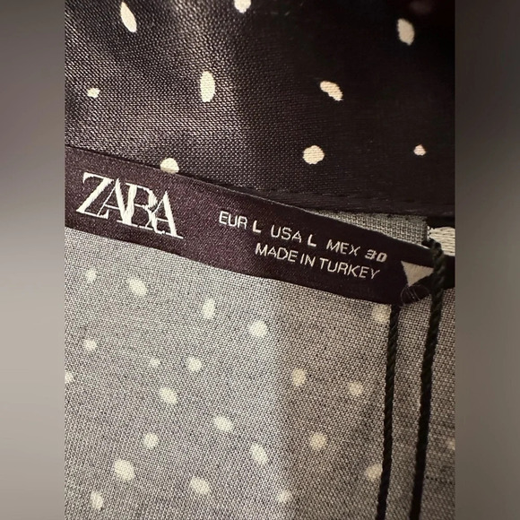 NWT ZARA Black Blouse White Mini Polka Dots Long Sash Wrap Top Collar LARGE - Picture 4 of 12